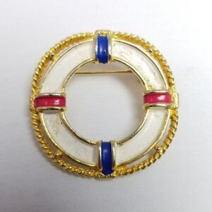 Vintage Nautical Enamel Life Preserver Brooch Red White Blue Gold Tone Lapel Pin